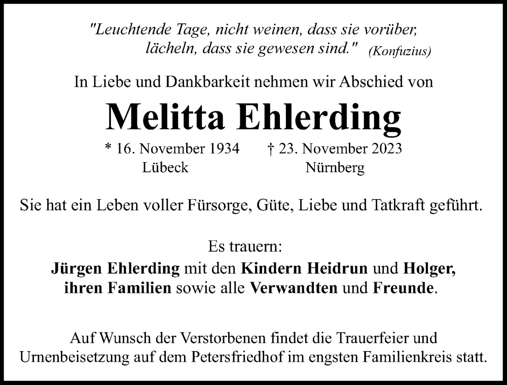  Traueranzeige für Melitta Ehlerding vom 25.11.2023 aus Gesamtausgabe Nürnberger Nachrichten/ Nürnberger Ztg.