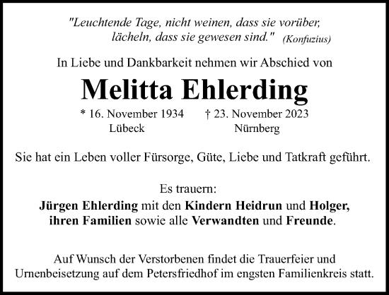 Traueranzeige von Melitta Ehlerding von Gesamtausgabe Nürnberger Nachrichten/ Nürnberger Ztg.