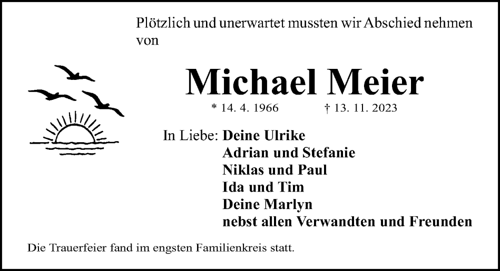  Traueranzeige für Michael Meier vom 25.11.2023 aus Gesamtausgabe Nürnberger Nachrichten/ Nürnberger Ztg.