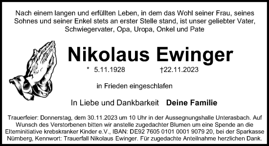 Traueranzeige von Nikolaus Ewinger von Fürther Nachrichten Lokal
