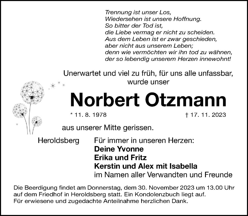  Traueranzeige für Norbert Otzmann vom 25.11.2023 aus Gesamtausgabe Nürnberger Nachrichten/ Nürnberger Ztg.