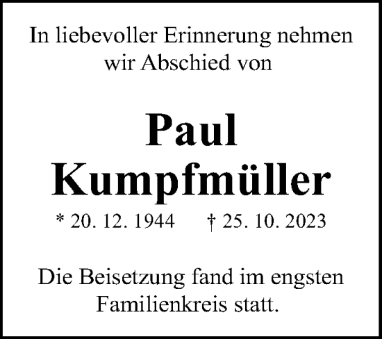 Traueranzeige von Paul Kumpfmüller von Gesamtausgabe Nürnberger Nachrichten/ Nürnberger Ztg.