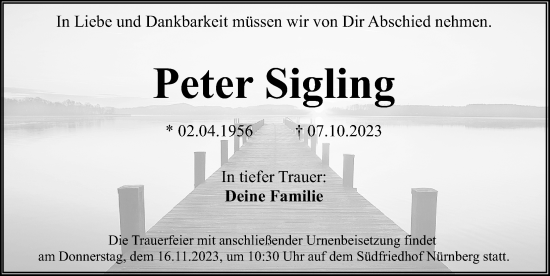 Traueranzeige von Peter Sigling von Gesamtausgabe Nürnberger Nachrichten/ Nürnberger Ztg.
