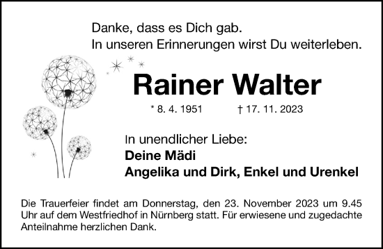 Traueranzeige von Rainer Walter von Gesamtausgabe Nürnberger Nachrichten/ Nürnberger Ztg.