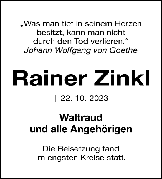 Traueranzeige von Rainer Zinkl von Gesamtausgabe Nürnberger Nachrichten/ Nürnberger Ztg.