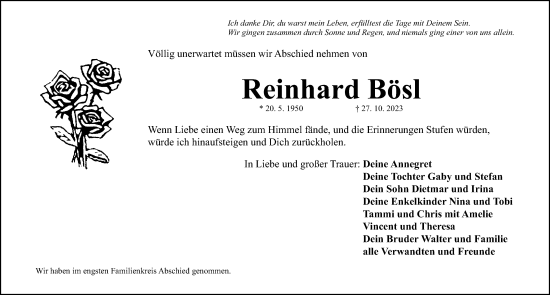 Traueranzeige von Reinhard Bösl von Gesamtausgabe Nürnberger Nachrichten/ Nürnberger Ztg.