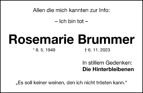 Traueranzeige von Rosemarie Brummer von Gesamtausgabe Nürnberger Nachrichten/ Nürnberger Ztg.