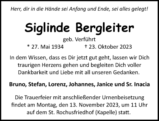Traueranzeige von Siglinde Bergleiter von Gesamtausgabe Nürnberger Nachrichten/ Nürnberger Ztg.