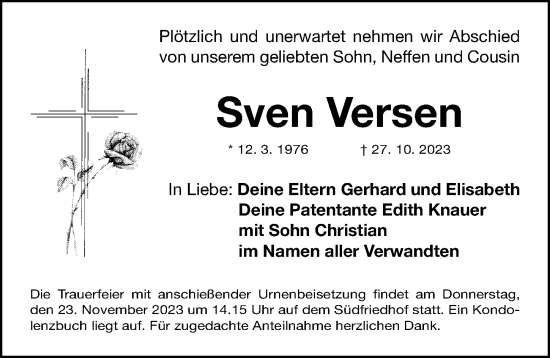 Traueranzeige von Sven Versen von Gesamtausgabe Nürnberger Nachrichten/ Nürnberger Ztg.