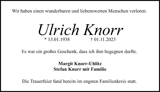 Traueranzeige von Ulrich Knorr von Gesamtausgabe Nürnberger Nachrichten/ Nürnberger Ztg.