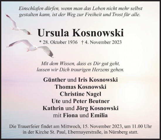 Traueranzeige von Ursula Kosnowski von Gesamtausgabe Nürnberger Nachrichten/ Nürnberger Ztg.