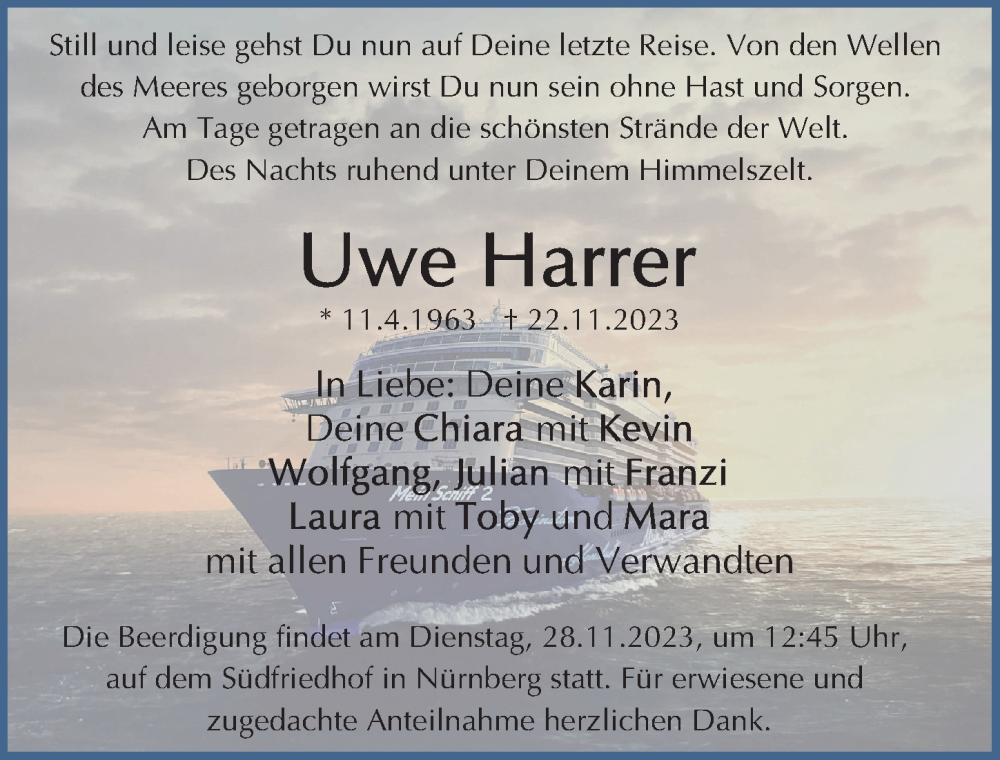  Traueranzeige für Uwe Harrer vom 25.11.2023 aus Gesamtausgabe Nürnberger Nachrichten/ Nürnberger Ztg.