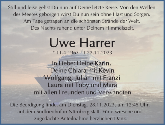 Traueranzeige von Uwe Harrer von Gesamtausgabe Nürnberger Nachrichten/ Nürnberger Ztg.