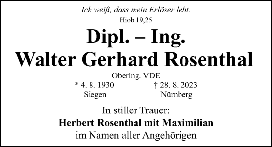 Traueranzeige von Walter Gerhard Rosenthal von Gesamtausgabe Nürnberger Nachrichten/ Nürnberger Ztg.
