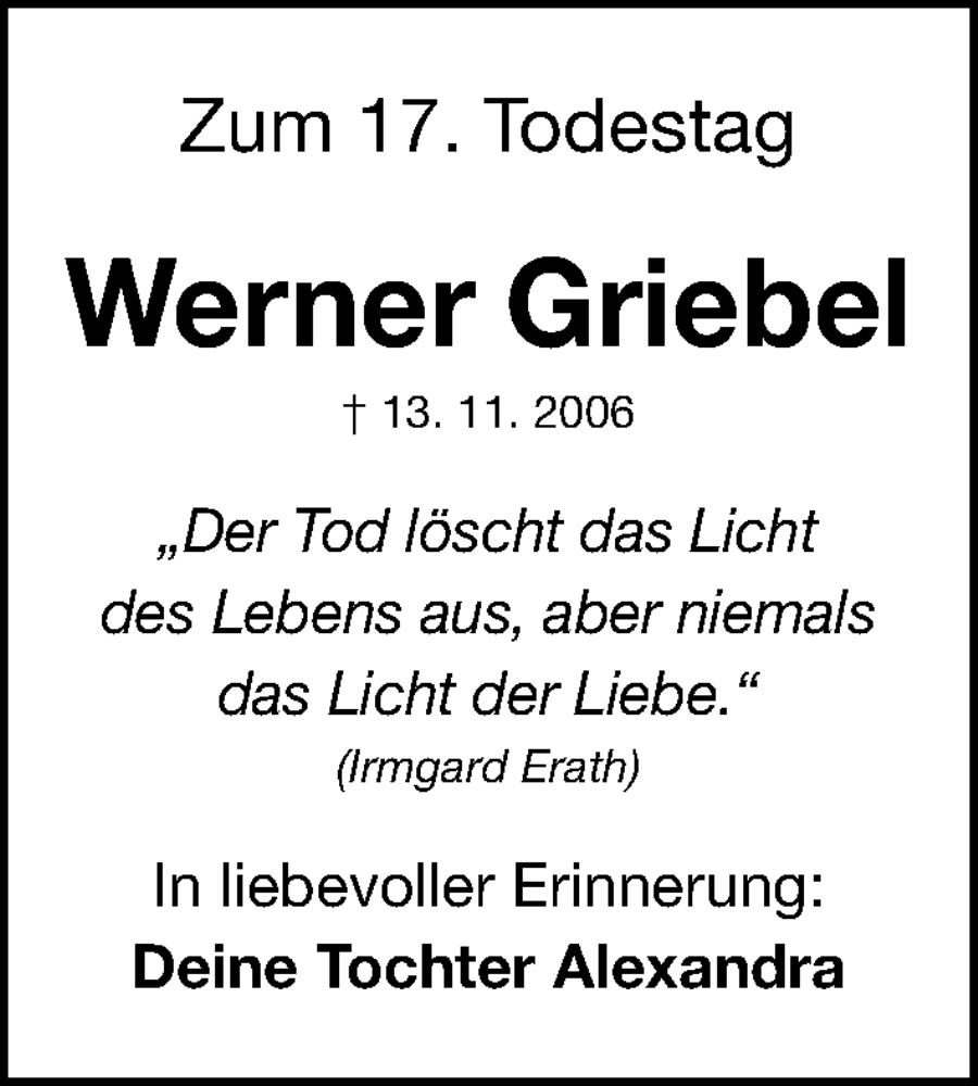  Traueranzeige für Werner Griebel vom 13.11.2023 aus Erlanger Nachrichten Lokal