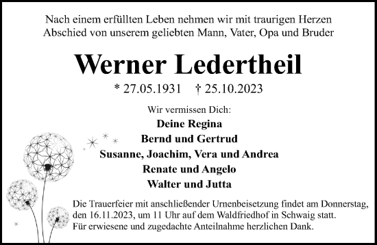 Traueranzeige von Werner Ledertheil von Gesamtausgabe Nürnberger Nachrichten/ Nürnberger Ztg.