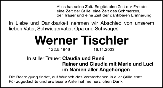 Traueranzeige von Werner Tischler von Gesamtausgabe Nürnberger Nachrichten/ Nürnberger Ztg.