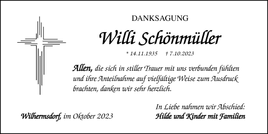 Traueranzeige von Willi Schönmüller von Fürther Nachrichten Lokal