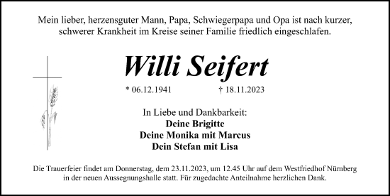 Traueranzeige von Willi Seifert von Gesamtausgabe Nürnberger Nachrichten/ Nürnberger Ztg.