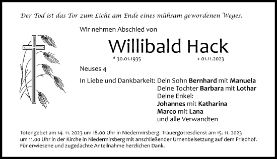 Traueranzeige von Willibald Hack von Nordbayerische Nachrichten Forchheim Lokal