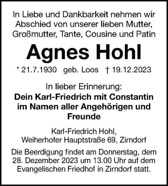 Traueranzeige von Agnes Hohl von Fürther Nachrichten Lokal