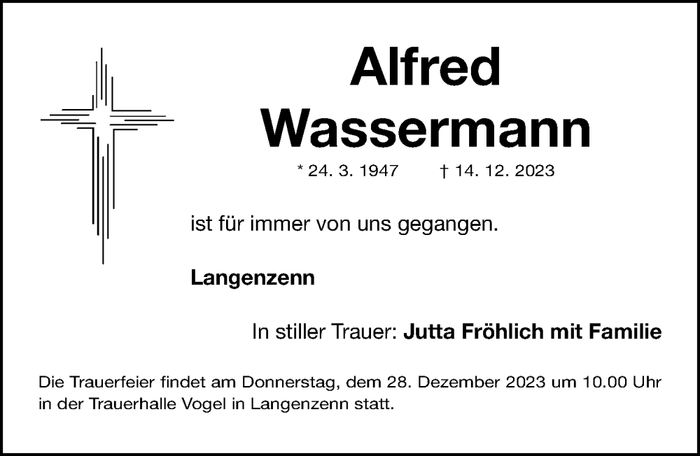  Traueranzeige für Alfred Wassermann vom 23.12.2023 aus Fürther Nachrichten Lokal