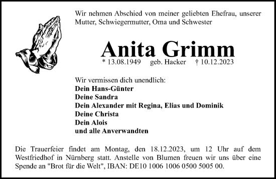 Traueranzeige von Anita Grimm von Gesamtausgabe Nürnberger Nachrichten/ Nürnberger Ztg.