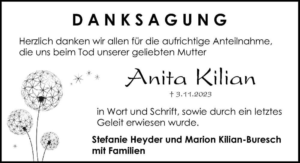  Traueranzeige für Anita Kilian vom 23.12.2023 aus Gesamtausgabe Nürnberger Nachrichten/ Nürnberger Ztg.