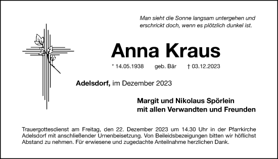 Traueranzeige von Anna Kraus von Nordbayerische Nachrichten Herzogenaurach Lokal