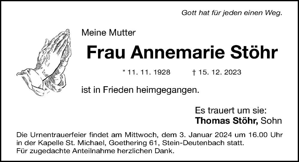  Traueranzeige für Annemarie Stöhr vom 30.12.2023 aus Fürther Nachrichten Lokal