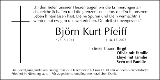Traueranzeige von Björn Pfeiff von Gesamtausgabe Nürnberger Nachrichten/ Nürnberger Ztg.