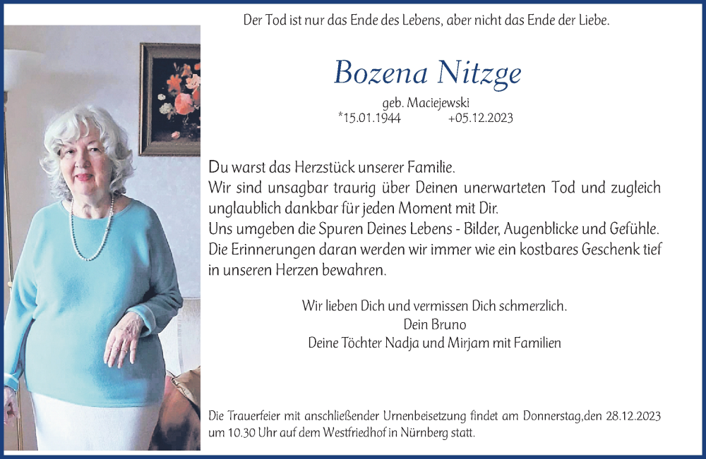  Traueranzeige für Bozena Nitzge vom 16.12.2023 aus Gesamtausgabe Nürnberger Nachrichten/ Nürnberger Ztg.