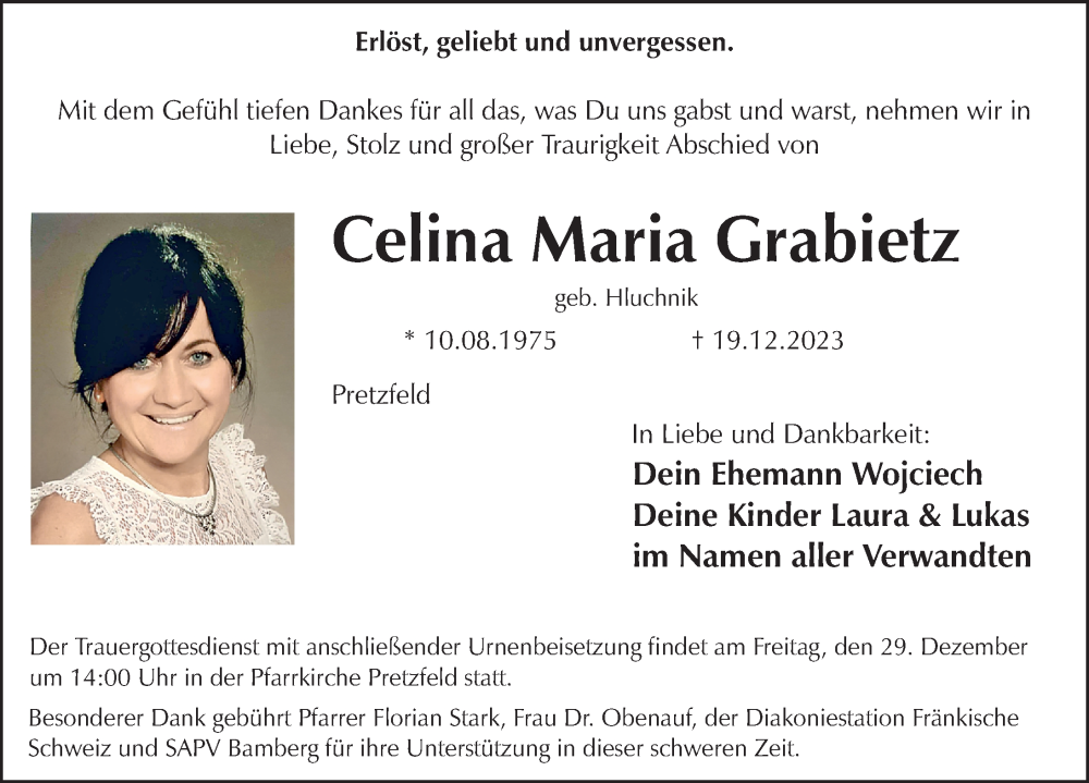  Traueranzeige für Celina Maria Grabietz  vom 23.12.2023 aus Nordbayerische Nachrichten Forchheim Lokal