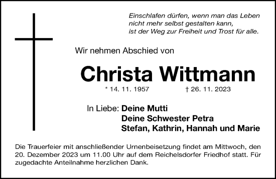 Traueranzeige von Christa Wittmann von Gesamtausgabe Nürnberger Nachrichten/ Nürnberger Ztg.