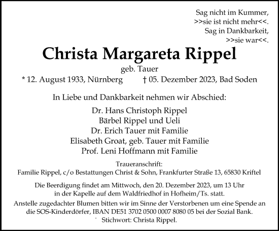 Traueranzeige von Christa Margareta Rippel von Gesamtausgabe Nürnberger Nachrichten/ Nürnberger Ztg.