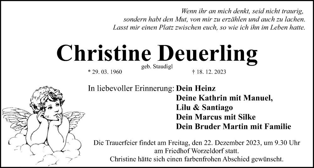  Traueranzeige für Christine Deuerling vom 20.12.2023 aus Gesamtausgabe Nürnberger Nachrichten/ Nürnberger Ztg.