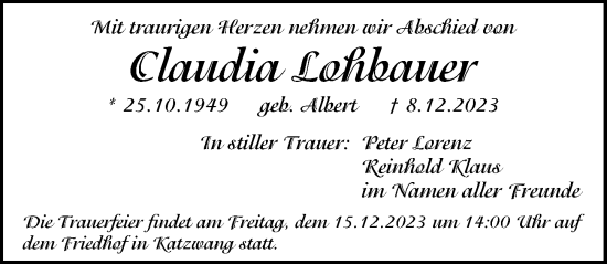 Traueranzeige von Claudia Lohbauer von Gesamtausgabe Nürnberger Nachrichten/ Nürnberger Ztg.