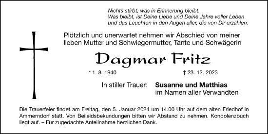 Traueranzeige von Dagmar Fritz von Fürther Nachrichten Lokal