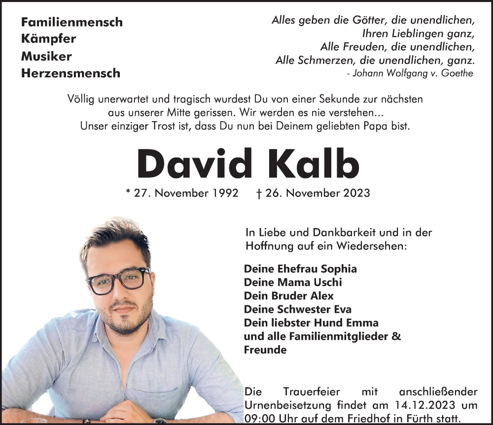 Traueranzeige für David Kalb vom 09.12.2023 aus Gesamtausgabe Nürnberger Nachrichten/ Nürnberger Ztg./ Fürther Nachrichten
