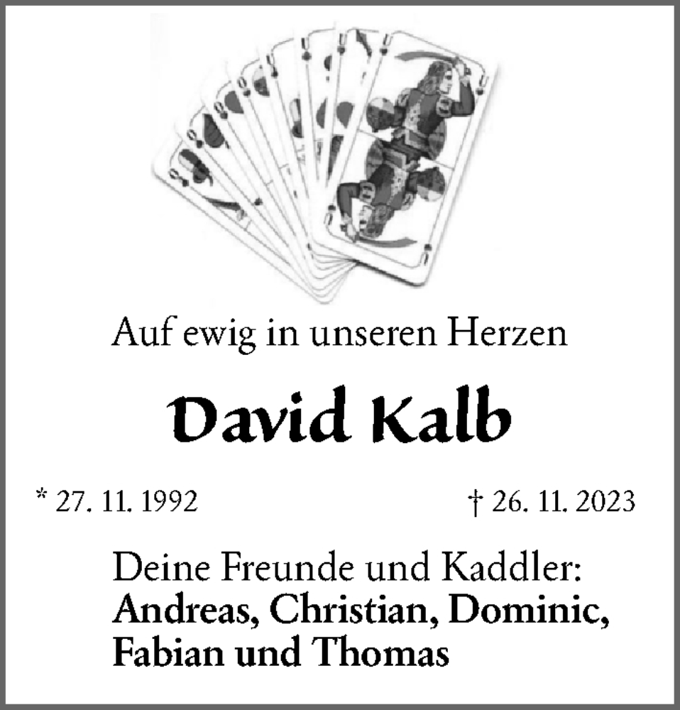  Traueranzeige für David Kalb vom 14.12.2023 aus Gesamtausgabe Nürnberger Nachrichten/ Nürnberger Ztg.
