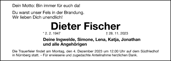 Traueranzeige von Dieter Fischer von Gesamtausgabe Nürnberger Nachrichten/ Nürnberger Ztg.