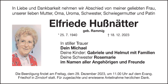 Traueranzeige von Elfriede Hußnätter von Fürther Nachrichten Lokal