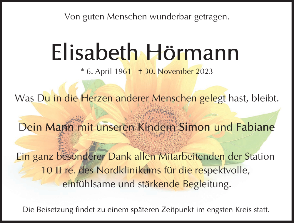  Traueranzeige für Elisabeth Hörmann vom 09.12.2023 aus Gesamtausgabe Nürnberger Nachrichten/ Nürnberger Ztg.