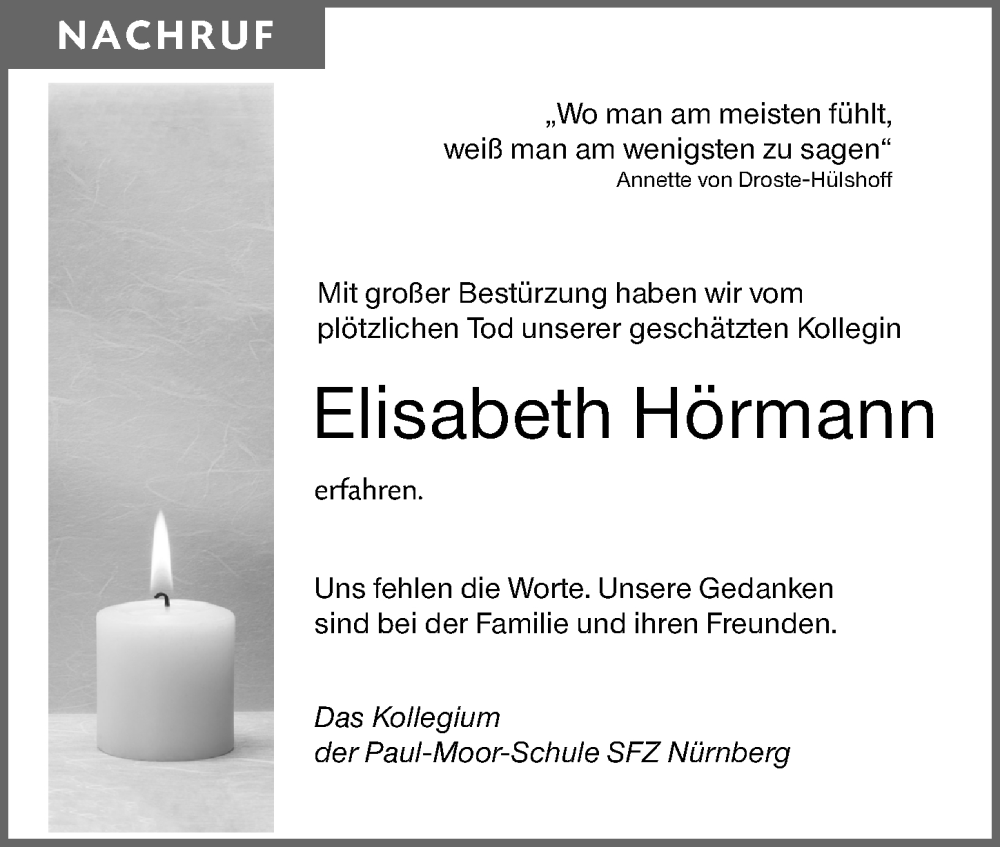  Traueranzeige für Elisabeth Hörmann vom 16.12.2023 aus Gesamtausgabe Nürnberger Nachrichten/ Nürnberger Ztg.