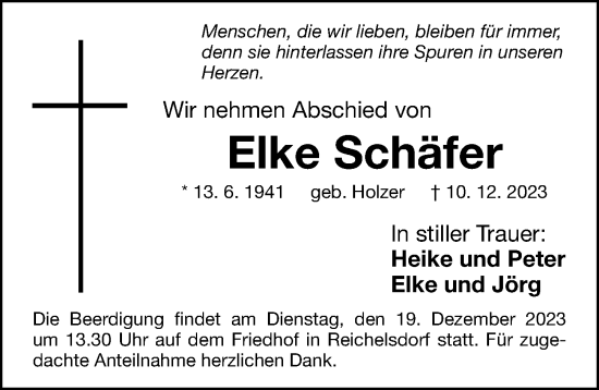 Traueranzeige von Elke Schäfer von Gesamtausgabe Nürnberger Nachrichten/ Nürnberger Ztg.