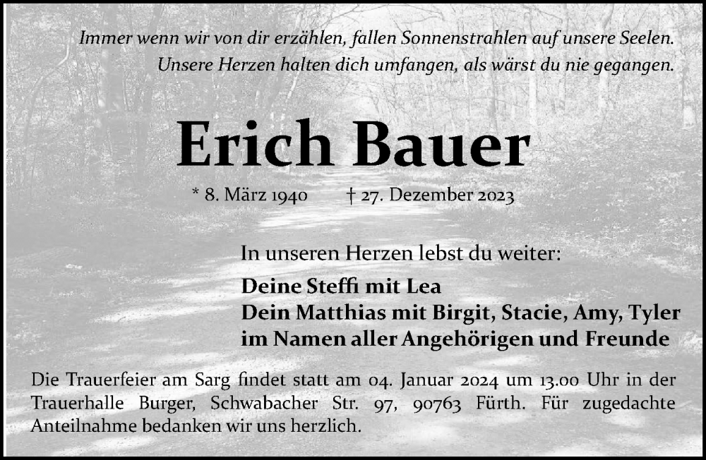 Traueranzeige für Erich Bauer vom 30.12.2023 aus Fürther Nachrichten Lokal