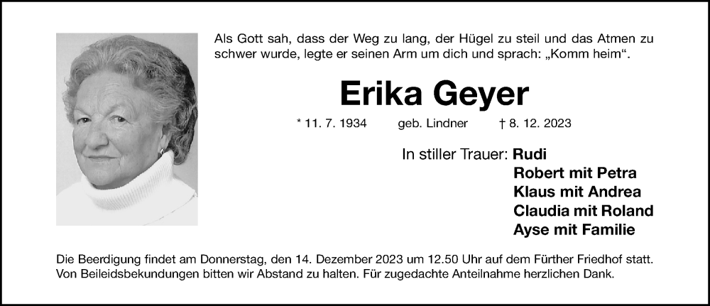  Traueranzeige für Erika Geyer vom 13.12.2023 aus Fürther Nachrichten Lokal