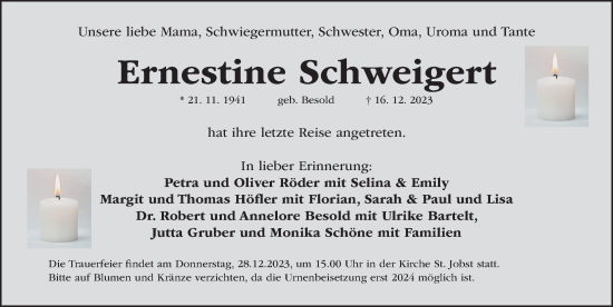 Traueranzeige von Ernestine Schweigert von Gesamtausgabe Nürnberger Nachrichten/ Nürnberger Ztg.