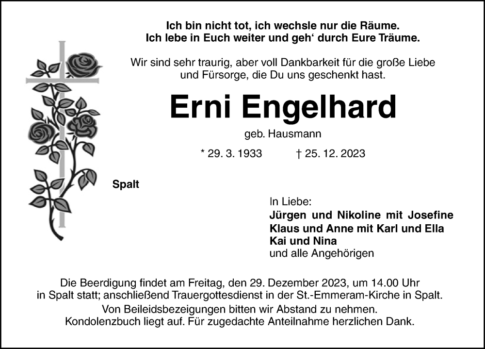  Traueranzeige für Erni Engelhard vom 28.12.2023 aus Roth-Hilpoltsteiner Volkszeitung/ Schwabach