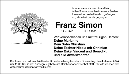 Traueranzeige von Franz Simon von Gesamtausgabe Nürnberger Nachrichten/ Nürnberger Ztg.